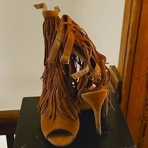 Fringed open toe bootie heel